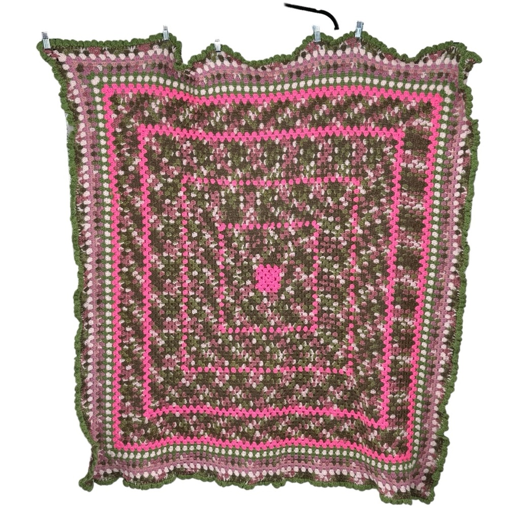 *Beautiful Hand Made Crocheted Blanket/Throw in Greens and Pinks.
